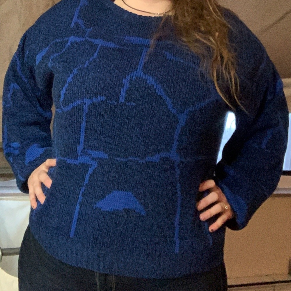 Vintage Blue Crackled Print Sweater